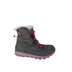 Sorel Youth Girls Pink Grey Whitney Nylon Snow Boots Faux Fur Lined Sz 1Y No Box